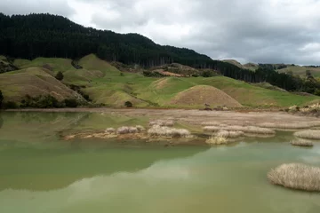 Fototapete Rund A scenic view of a wetland and rolling green hills with grazing cattle in Taharoa, Waikato, New Zealand. The landscape showcases the natural beauty of the country. © Zenstratus