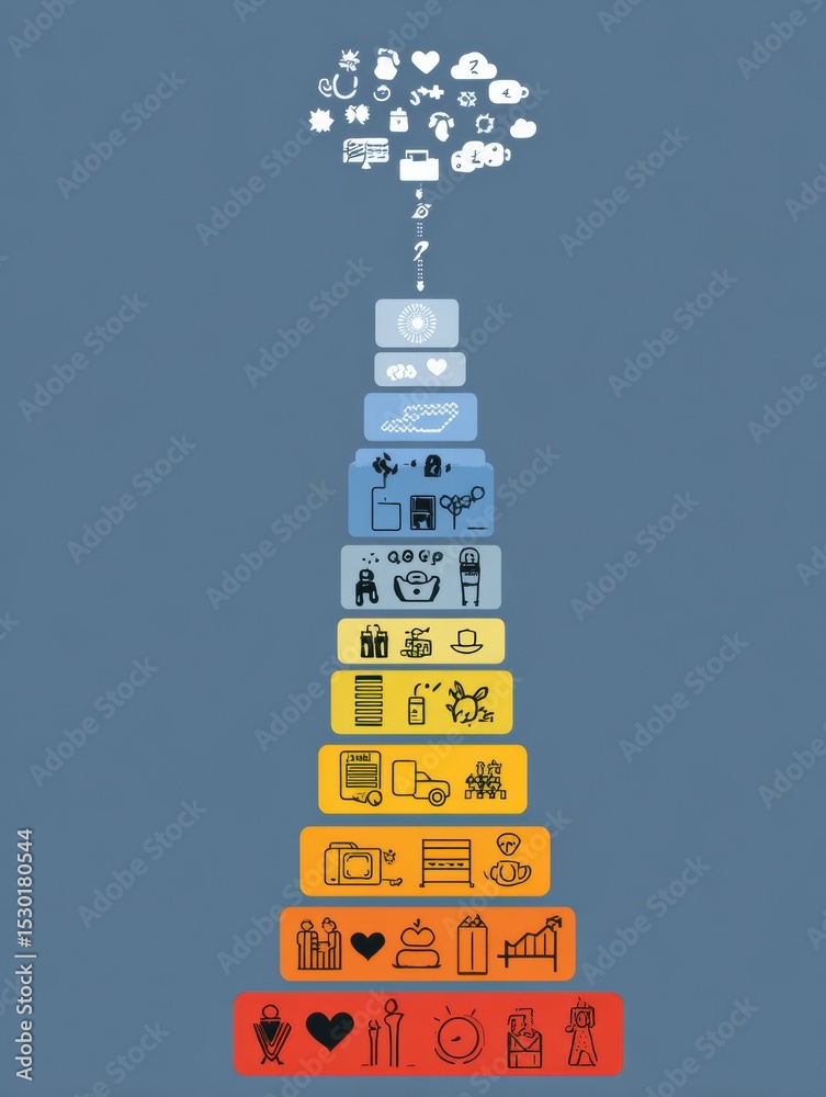Poster Five Levels of Habit Stacking Illustrated in an Engaging Infographic With Colorful Icons Representing Daily Activities and Self-Improvement Techniques