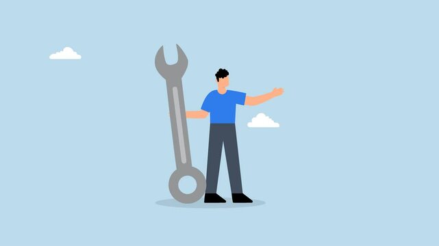 Fix business problem, 4k animation of businessman carrying large wrench metaphorically.