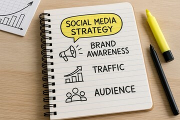 Social Media Strategy Notepad with Key Marketing Goals like Brand Awareness, Traffic, and Audience, Alongside a Marker and Business Growth Chart