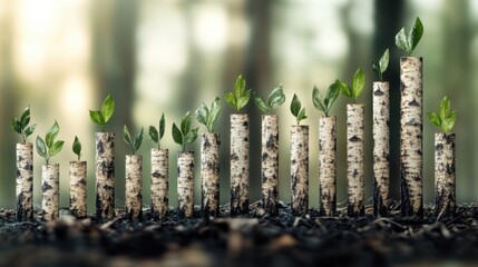 A graph made of tree trunks growing upwards, symbolizing the integration of sustainability 
