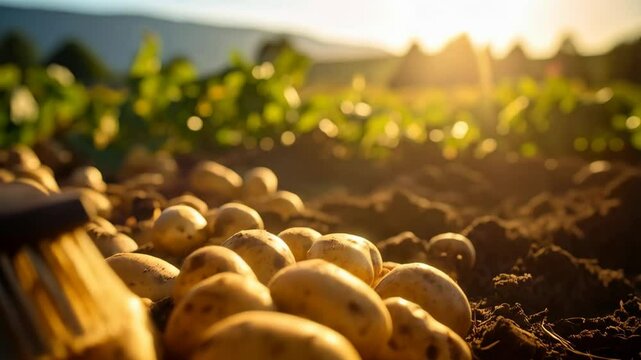 Freshly harvested potatoes piled in rich soil, illuminated by warm sunlight, and cleaned using a broom in the field.