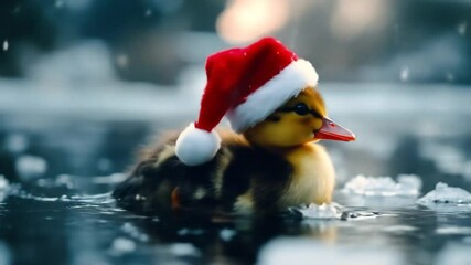Festive duckling swimming in winter waters with a charming santa hat on head - Powered by Adobe