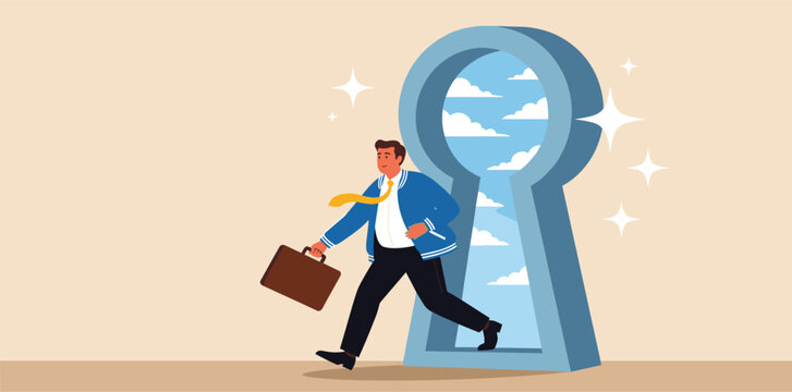 Life changing secret door, key to success or step to see new opportunity, courage or business challenge, get out to see outside concept, brave businessman step inside keyhole door to new opportunity