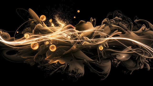 The abstract digital artwork features a futuristic, ethereal style with vibrant light trails and shimmering metallic spheres, evoking a blend of science fiction and luxury aesthetics. - Powered by Adobe