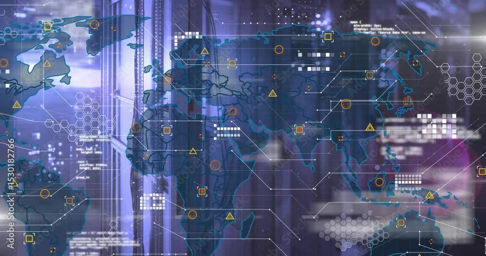 Poster data center view overlay fading markers pulsing lines animating code scrolling visualizing network