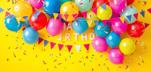Vibrant colorful balloons, confetti, and pennants against a bright background celebrating a birthday,  backdrop,   texture