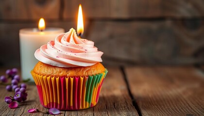 Vibrant frosted cupcake, lit candle, rustic wood background,  food,  party