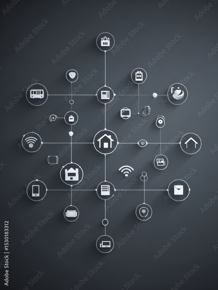 Poster IoT Device Network Map Showcasing Smart Home Icons and Connection Lines in a Minimal Tech Theme
