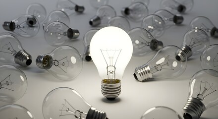Illuminated Light Bulb Among Many: Symbol of Innovation and Inspiration