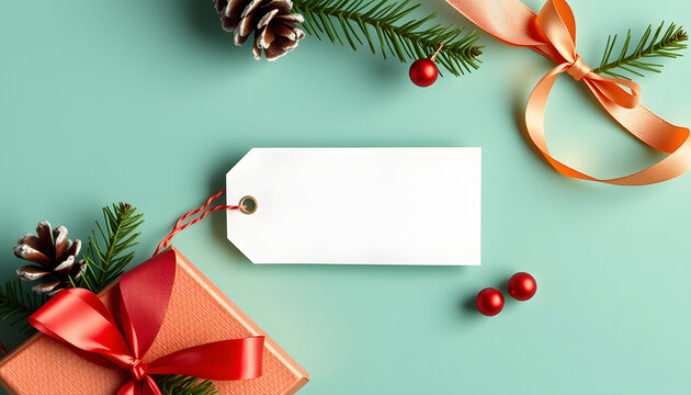 Festive rectangular Christmas gift tag mockup featuring a wrapped present box, elegant product label design, adorned with lush fir branches, pine cones, and sparkling holiday ornaments, perfect for 