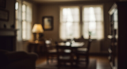 Fototapeta premium Blurred Dining Room in Beige Tones with Wooden Table and Natural Light