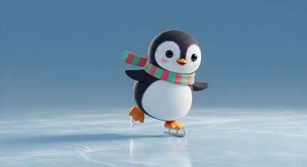 Fototapeta premium Cute Cartoon Penguin Ice Skating: Adorable Winter Scene with Scarf