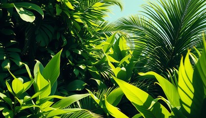 Vivid green tropical foliage, vintage filter, sun-drenched, exotic summer feel,  summer,   stock