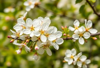 White pear blossoms in full bloom against a vibrant green background,  delicate,  blossom