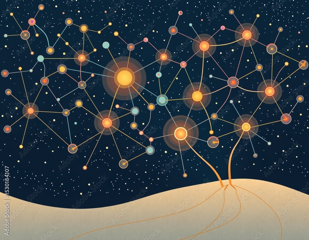 Wall mural a cosmic tree with glowing nodes and interconnected lines resembling stars and constellations on a d