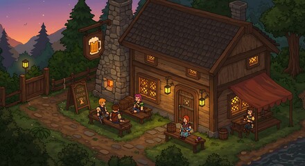 Fototapeta premium Cozy pixel art tavern scene at sunset