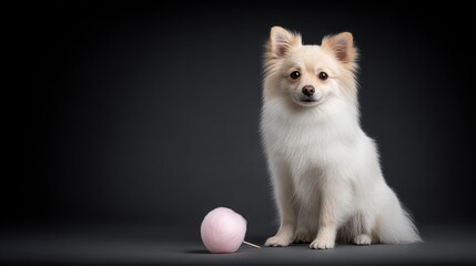 Fototapeta premium Cute Pomeranian Dog with Cotton Candy on Dark Background