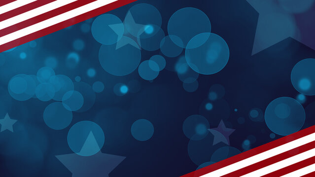Patriotic Abstract Bokeh and Stars Blue Background with American Flag Stripes Border, Horizontal Illustration