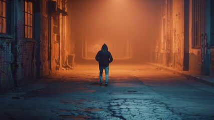 Mysterious figure walks alone in a foggy alleyway at night with ominous mood