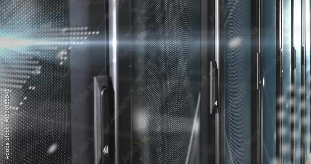 Poster world map materializing with scrolling code over server racks, visualizing network data flow