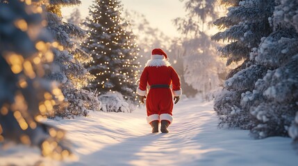Santa Claus running down a snowy path surrounded by pine trees and the sun shining through the branches.