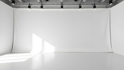 "Blank expanse (bare wall in a luminous room) Cloth Pop-Up essential module Promotional flag media presentation screen, vacant canvas, 16:9 Wide-format banner", simple style. with white shades