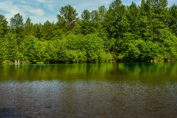2025-06-03 VIEW OF THE LUSH SHORELINE WITH A NICE REFLECTION IN RATTLESNAKE LAKE WITH A LIGHTLY CLOUDED SKY IN NORTH BEND WASHINGTON