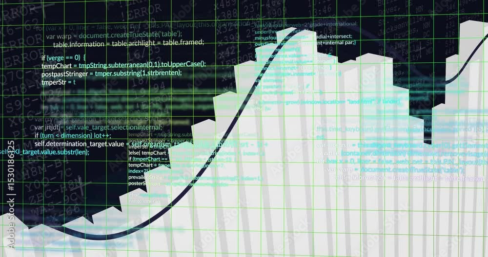 Poster on startup interface showing bars shifting curve rising with code scrolling visualizing analytics