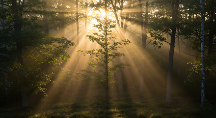 Fototapeta premium Sunlight Bursting Through Foggy Green Forest Trees at Sunrise