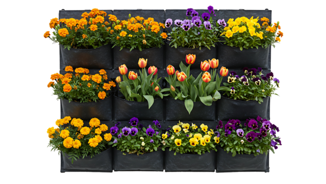 Colorful spring flowers in vertical planter