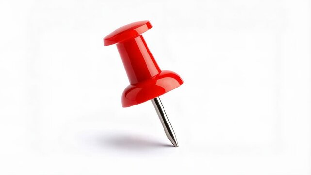 Macro photo of a red pushpin with a steel needle against a plain white background for bulletin board or corkboard message posting