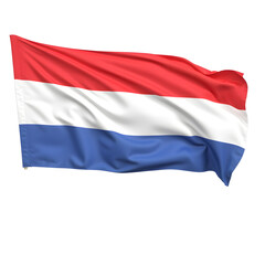 Netherlands flag horizontal stripes, red white blue, floating fabric, no flagpole, isolated white background, European photography