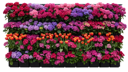 Vibrant hydrangea and tulip vertical garden display