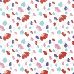 Seamless pattern with colorful floral leaves and delicate outlines creates soft and elegant background for textile or wallpaper