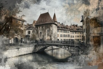 Annecy France. Mediaeval Cityscape with Thiou River and Bridge View 2018