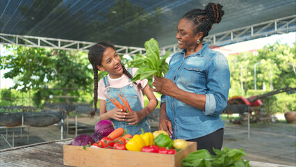 Smiling mom and daughter with a tray of fruit and vegetable