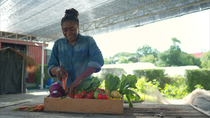 Portrait of woman with a tray of fruit and vegetable, enjoying a day of learning