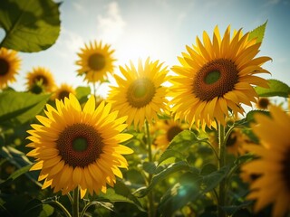 Fototapeta premium May Blooms: Golden Sunflowers and Lush Leaves