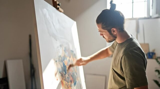 Artist painting on canvas easel in a bright studio
