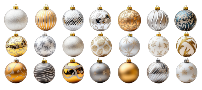 A Collection Of 24 Christmas Baubles In Silver Gold White And Blue With Various Patterns And Textures They Are Arranged In Three Rows Of Eight Baubles Each On A Transparent Background