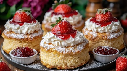 Strawberry shortcakes w/ cream & jam, powdered sugar