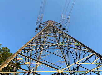 Electric transmission tower at sunset in Istanbul, Turkey. 