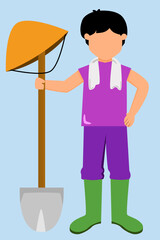 man holding a shovel. farmer hold long head shovel. young farmer simple illustration
