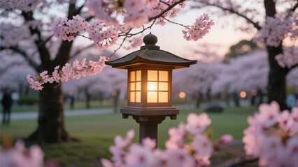 Traditional Japanese Lantern in Cherry Blossom Trees in Full Bloom.