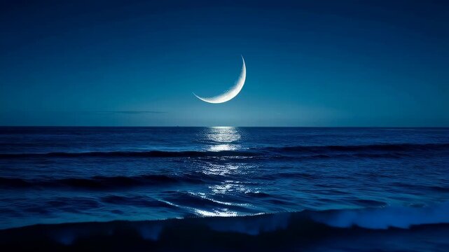 Serene ocean waves under a crescent moon at night, reflected light on the water's surface, creating a tranquil, nautical, dreamlike seascape, dark blue aesthetic.