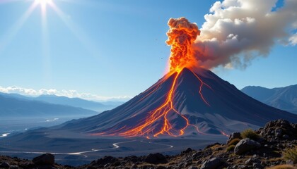 ultra realistic 8k high resolution image of a volcano erupting under clear blue sky, bright sunlight illuminating ash and lava, wide angle shot with surrounding mountains