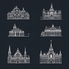 Fototapeta premium Historic architecture landmarks, sightseeings, famous showplaces of Latvia. Vector thin line icons of St. Peter Church, Turaida Castle, Birini Palace, Nativity of Christ Cathedral, House of Blackheads