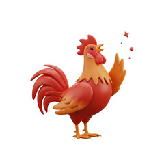 Cartoon Rooster with Bright Red and Orange Feathers Standing in White Background