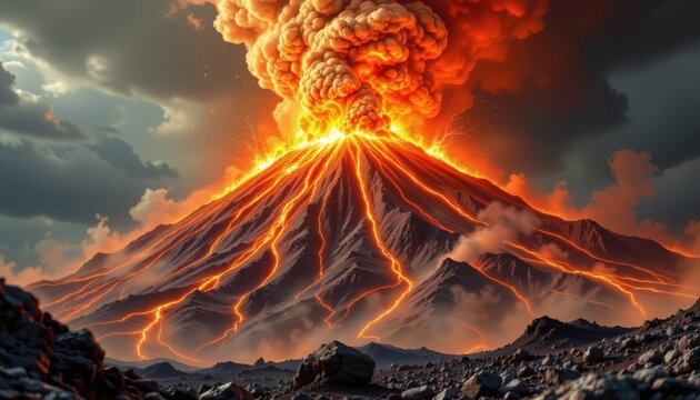 ultra realistic 8k high resolution image of a volcano erupting violently with pyroclastic flows rushing down its slopes, dense clouds of ash and rock moving rapidly, cinematic high speed capture
